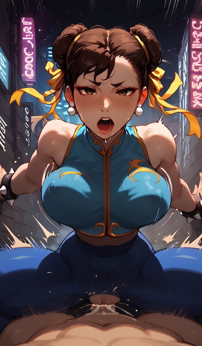 1boy 1boy1girl 1girl ai_generated alley blush bouncing_breasts brasao cfnm chun-li chun-li_(fortnite) cowgirl_position cum_in_pussy cum_inside drool drooling earrings motion_blur motion_lines open_mouth orgasm orgasm_face patreon pov sex straight street_fighter street_fighter_alpha sweat vaginal_sex