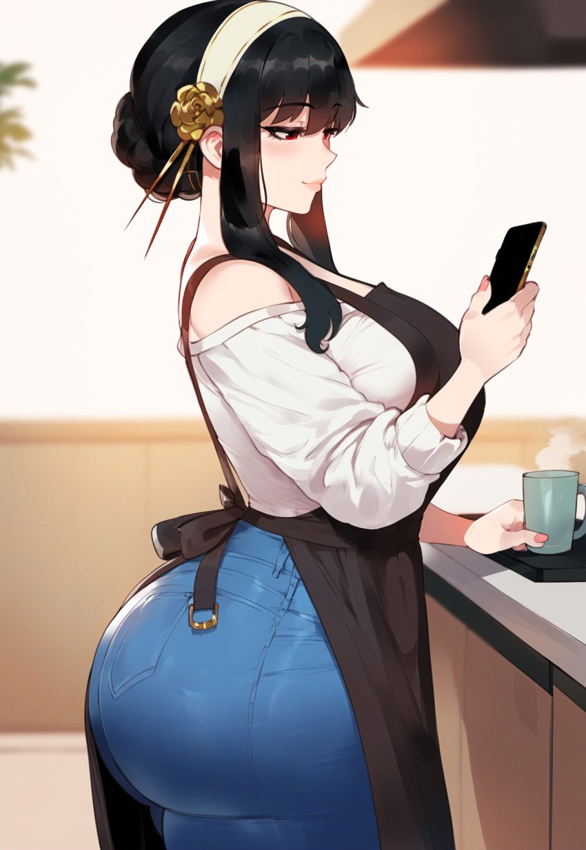 1girls ai_generated apron ass bangs bare_shoulders black_apron black_hair blue_pants blurry_background blush breasts cellphone closed_mouth clothing cup curvaceous curvaceous_female curvaceous_figure curvy curvy_figure denim earrings female female_focus flower gold_hairband hair_bun hair_flower hair_ornament hairband headwear holding holding_object holding_phone indoors jeans jewelry large_breasts long_hair long_sleeves looking_at_phone looking_at_viewer miyuai off-shoulder_shirt off_shoulder pants phone red_eyes rose shirt short_hair_with_long_locks sidelocks smartphone smile solo spy_x_family steam sweater thick_thighs thighs tight tight_pants voluptuous voluptuous_female white_shirt yor_briar yor_forger