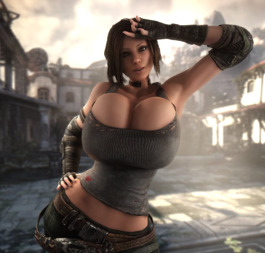 1girls 3d 3d_(artwork) alternate_breast_size breasts_bigger_than_head breasts_bigger_than_torso brown_hair bulletstorm cleavage clothed clothed_female electronic_arts enormous_breasts epic_games female female_only female_solo fingerless_gloves gigantic_breasts gloves hand_on_head hand_on_hip hand_on_own_head hand_on_own_hip high_resolution highres hips hourglass_figure huge_breasts human human_female human_only looking_at_viewer massive_breasts midriff midriff_baring_shirt pants people_can_fly shirt slim_waist solo solo_female tank_top top_heavy top_heavy_breasts trishka_novak upper_body vaako wide_hips