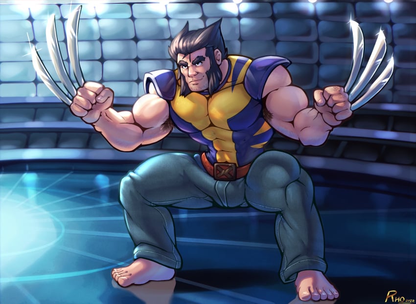 abs armpit_hair bara beard bulge claws clothing logan_(x-men) male male_nipples male_only marvel marvel_comics muscular_male nipples pecs penis_outline rho_art tight_clothing wolverine_(x-men) x-men