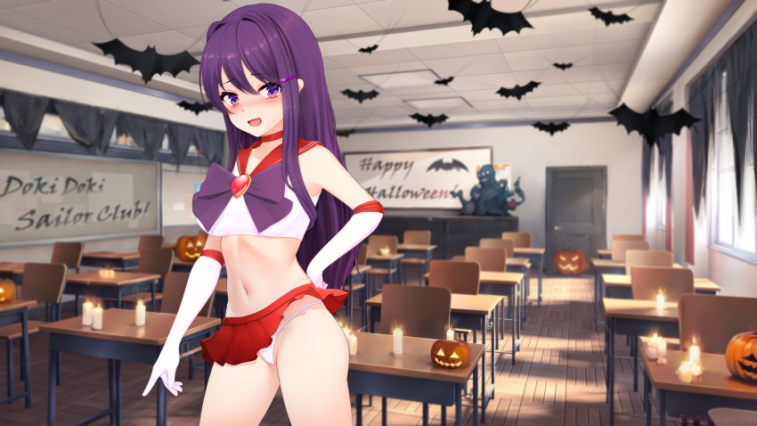 bishoujo_senshi_sailor_moon blush cosplay doki_doki_literature_club eroneko halloween halloween_costume navel open_mouth sailor_mars_(cosplay) sailor_uniform sweat yuri_(doki_doki_literature_club)