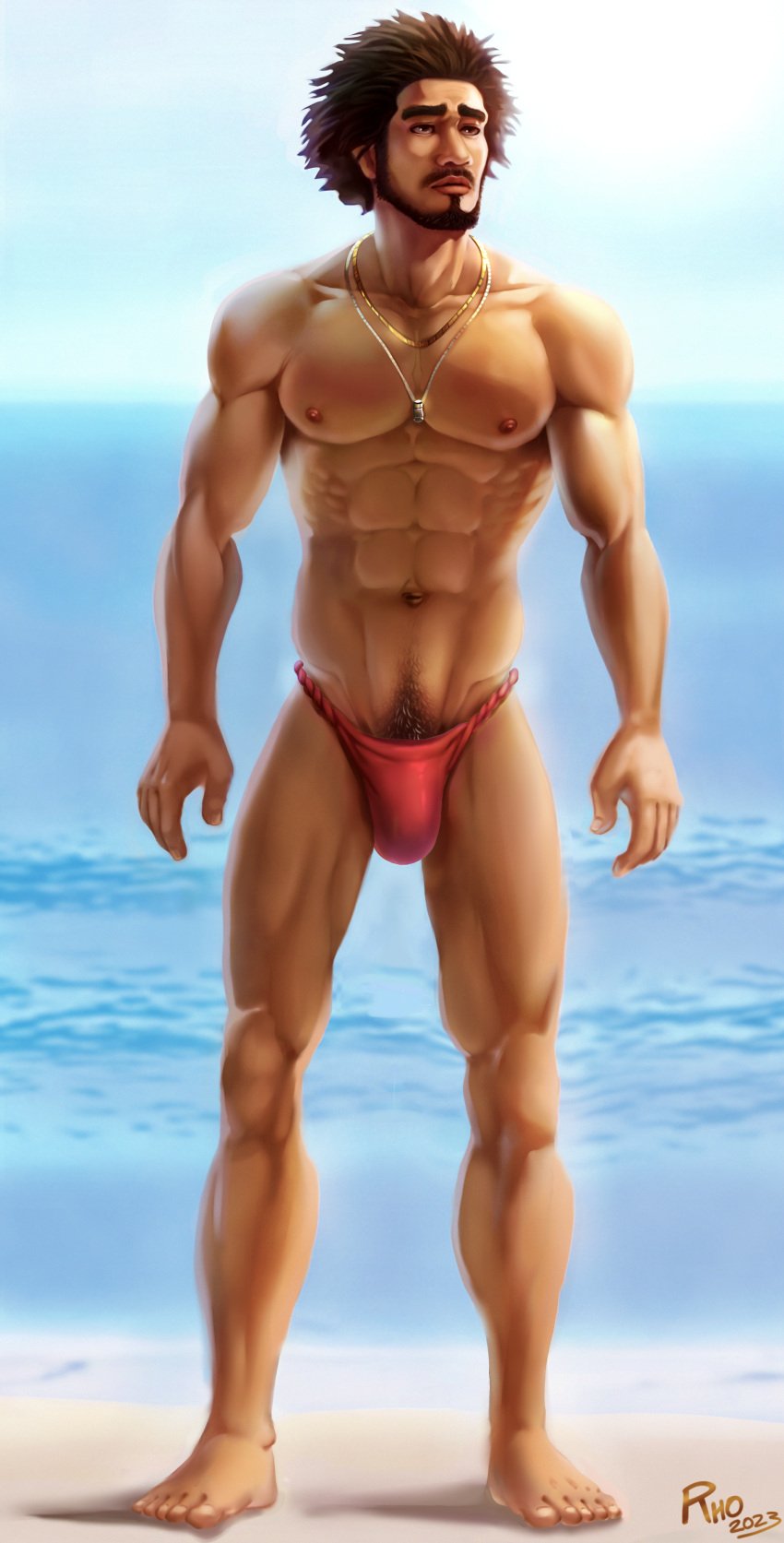 abs bara beach beard biceps big_bulge fundoshi ichiban_kasuga japanese_clothing male male_nipples male_only male_pubic_hair muscular_male nipples pecs rho_art ryuu_ga_gotoku