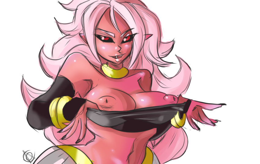 1girls 2010s android_21 black_sclera breasts cipher0 dark_persona dragon_ball dragon_ball_fighterz drawn female female_only flashing humanoid long_hair majin majin_android_21 pink_skin pointy_ears red_eyes solo white_hair