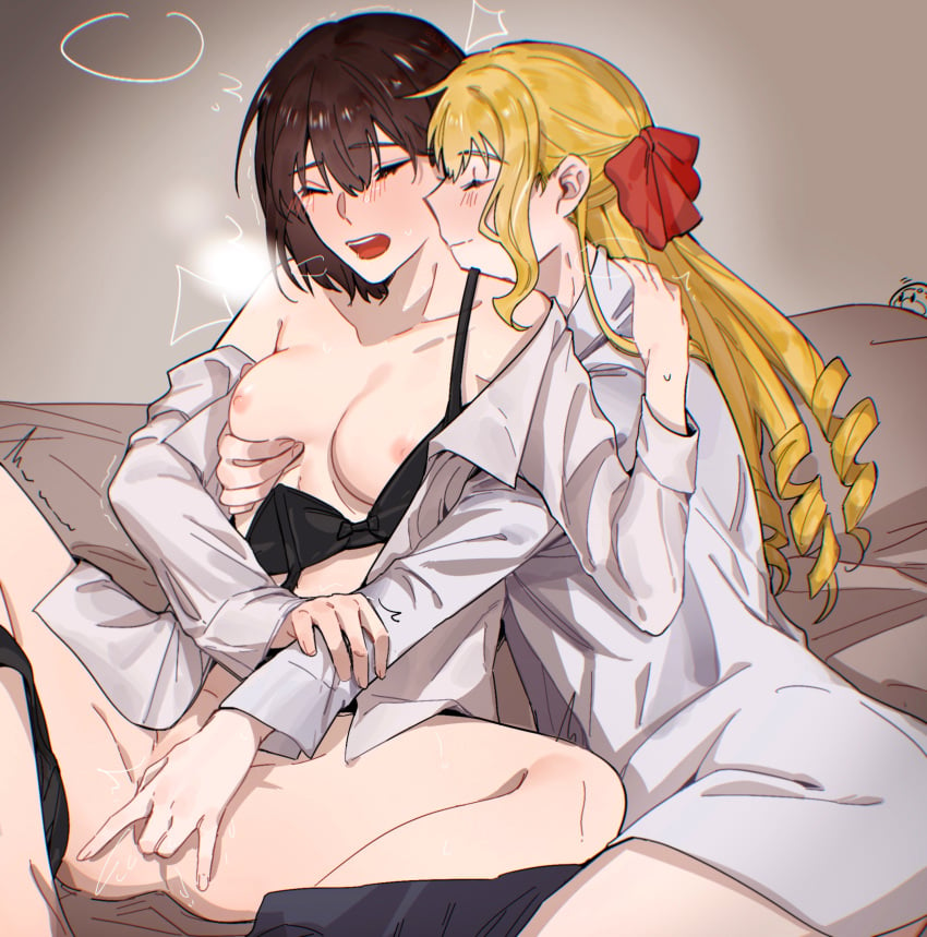 2girls blonde_hair blush bow breasts breasts_out brown_hair claire_francois creamboyo fingering fingering_partner i_favor_the_villainess light_skin multiple_girls partially_clothed rae_taylor watashi_no_oshi_wa_akuyaku_reijou yuri 三_無