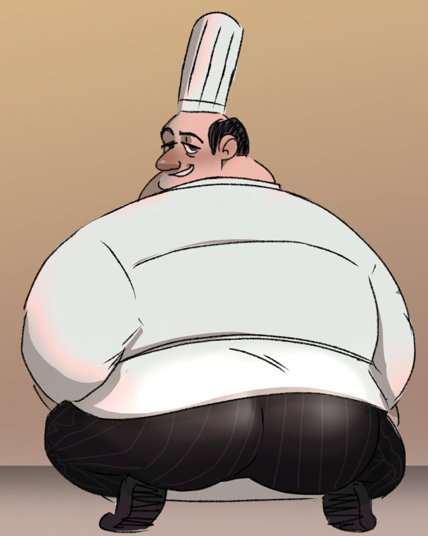 artist_request auguste_gusteau balding big_ass broly_culo chef_hat chef_uniform fat_man looking_at_viewer male male_only meme older_male overweight_male ratatouille smirk solo_male squatting