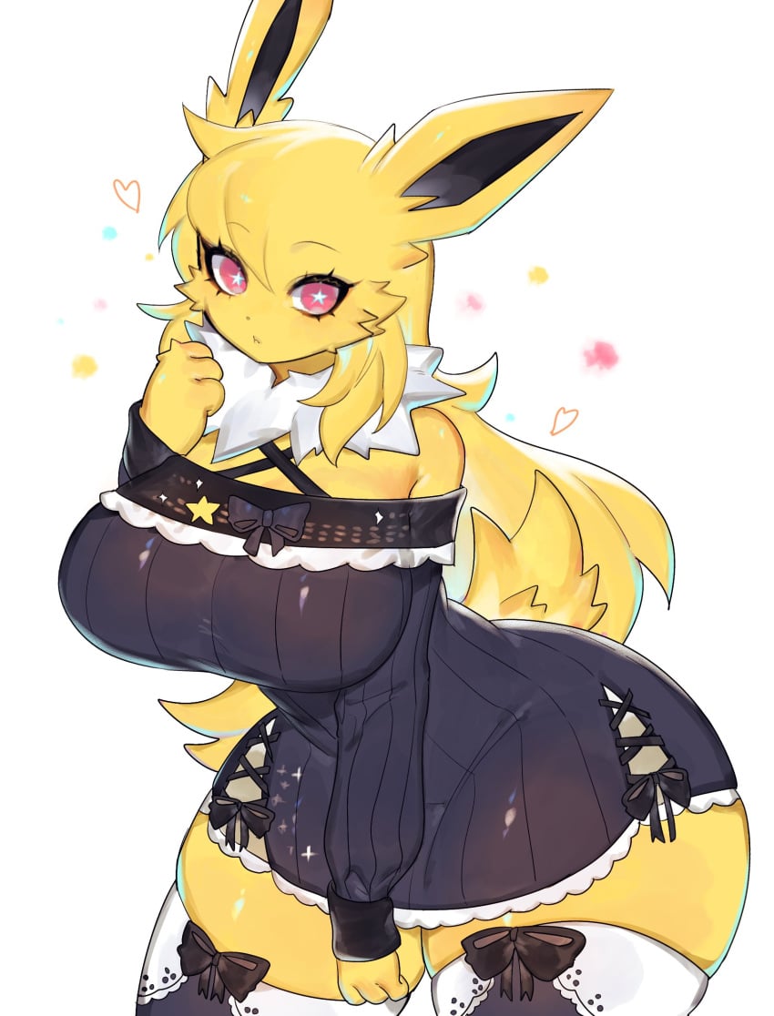 1girls anthro big_breasts black_dress clothing dress eeveelution female female_only generation_1_pokemon hi_res jolteon long_hair looking_at_viewer nintendo pink_eyes pokemon pokemon_(species) solo star-shaped_pupils symbol-shaped_pupils thick_thighs thigh_squish thighhighs thighs toge77789 togetoge white_background white_thighhighs yellow_hair