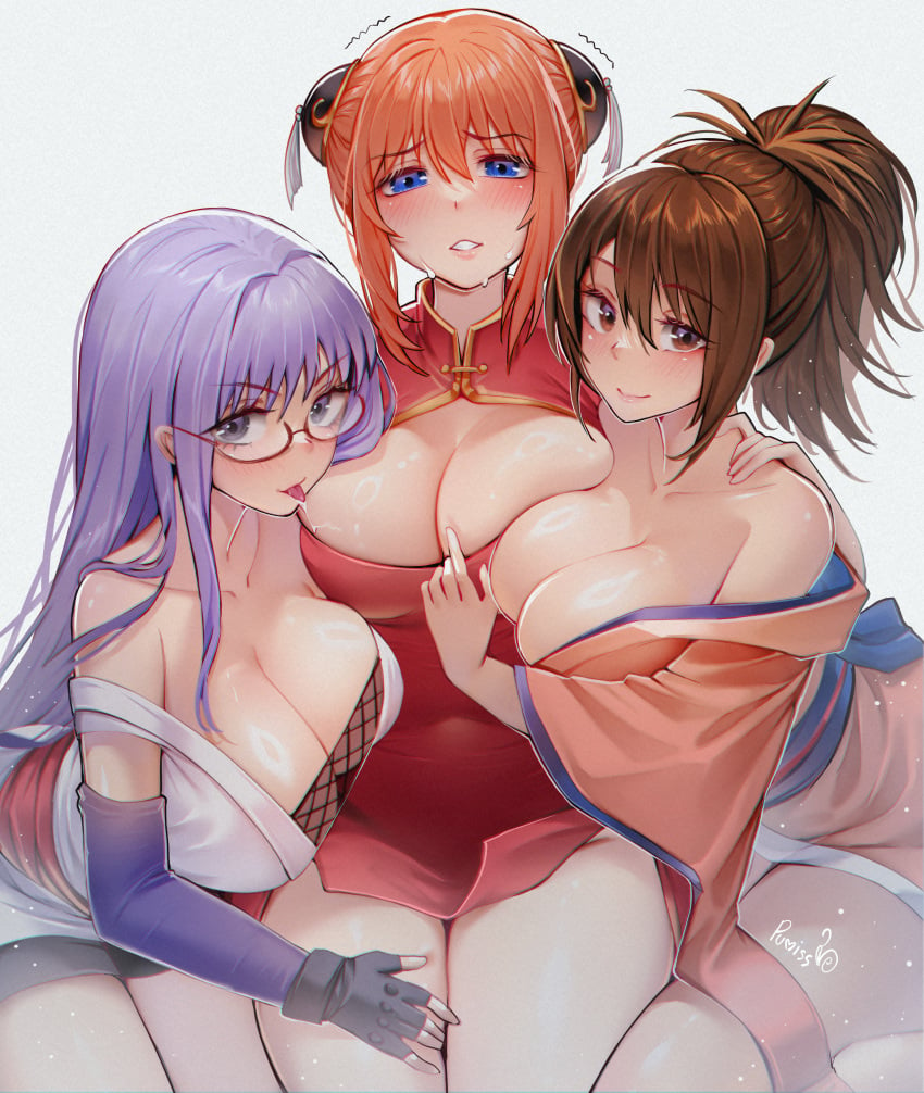 3girls aged_up alternate_breast_size big_breasts blue_eyes blush breast_press breast_squish brown_eyes brown_hair bun_cover china_dress chinese_clothes cleavage cleavage_cutout double_bun elbow_gloves female female_only fingerless_gloves gintama glasses gloves hair_ornament japanese_clothes kagura_(gintama) kimono kunoichi lavender_hair long_hair looking_at_viewer mesh_shirt no_bra off_shoulder orange_hair ponytail pumiss purple_eyes purple_hair sarutobi_ayame shimura_tae shiny_skin smile sweat thick_thighs tongue_out trembling