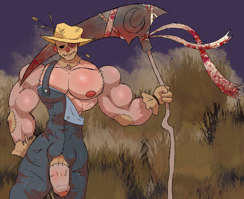 balls bara big_penis flaccid hat male male_only muscles muscular overalls penis ripped_clothing salemstix scarecrow scythe solo solo_male