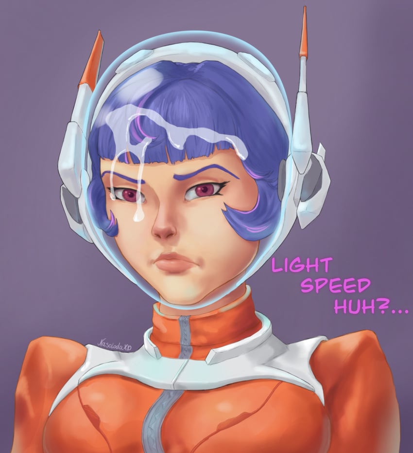 1girls angry angry_face annoyed blue_hair brown_eyes clothed clothing cum cum_on_face cum_on_glass facial female helmet juno_(overwatch) light_skin looking_at_viewer multicolored_hair nasoloda overwatch overwatch_2 purple_hair short_hair spacesuit tagme text