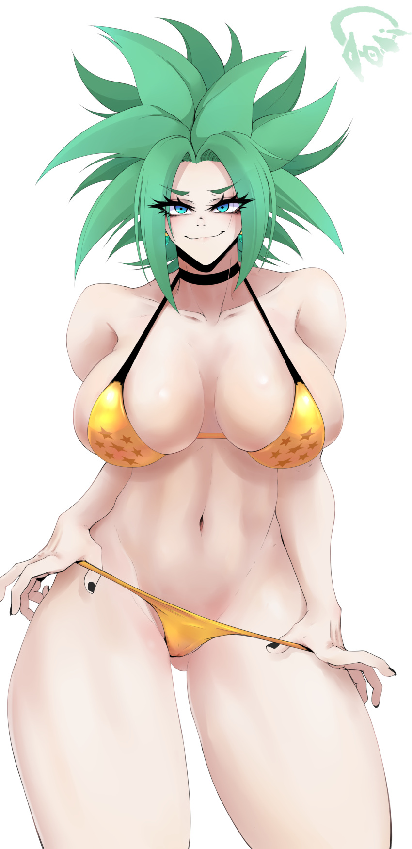 big_breasts blue_eyes dragon_ball dragon_ball_super female female_only fusion green_hair kefla looking_at_viewer potara_earrings saiyan swimsuit thick_thighs