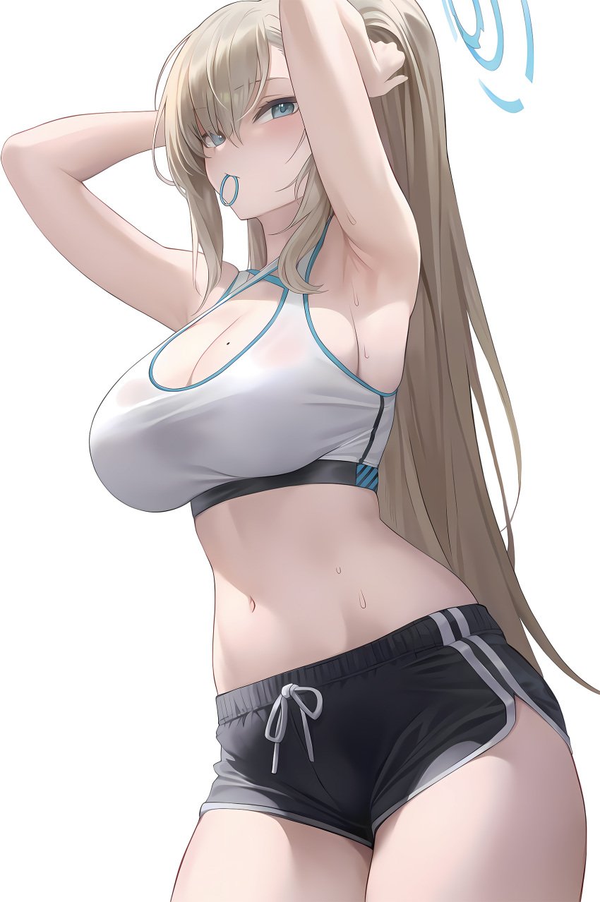 1girls armpits arms_behind_head asuna_(blue_archive) belly belly_button big_breasts blue_archive blue_eyes blush booty_shorts bra bright_pupils female female_only girl gym gym_clothes gym_clothing gym_shorts gym_uniform hi_res high_resolution highres light-skinned_female light_skin massive_breasts midriff only_female pony ponytail preview_(preview0) shorts solo solo_female sport sports_bra sports_uniform sportswear squeezing_breast stomach sweat sweatdrop sweating sweaty tied_hair tight_clothes tight_clothing tight_fit very_high_resolution very_long_hair video_game video_games white_background workout workout_clothes