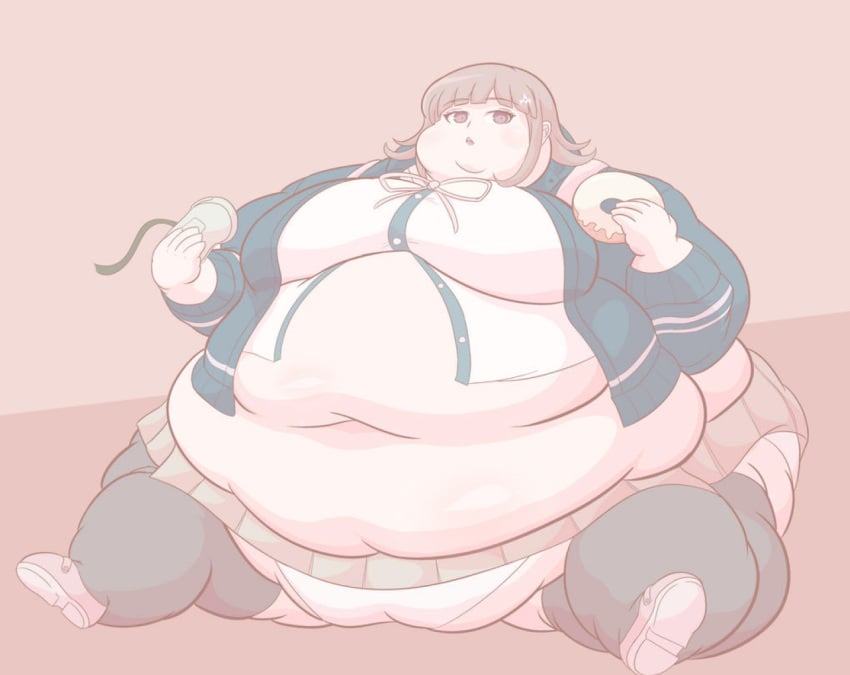 1girls bbw belly big_ass big_belly big_breasts cute danganronpa danganronpa_2:_goodbye_despair eating fat fat_ass immobile morbidly_obese nanami_chiaki obese overweight ssbbw tight_clothing too_big too_big_to_move wardrobe_malfunction weight_gain