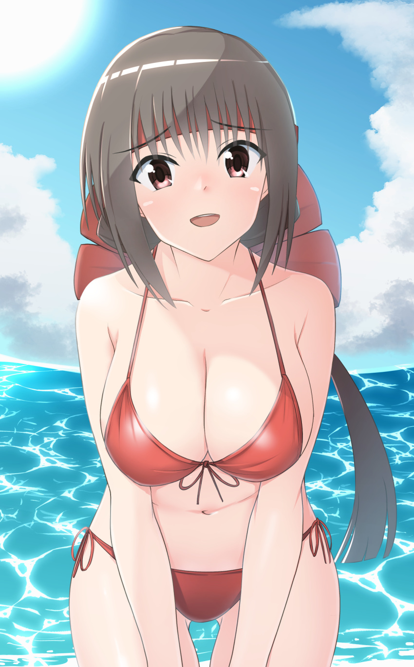 1girls beach big_breasts bikini black_hair blush breasts brown_eyes brown_hair busty cleavage collarbone cowboy_shot female female_only hands_on_legs hands_on_own_legs hands_on_own_thighs hands_on_thighs headband highres kumon_waka large_breasts leaning_forward legs long_hair looking_at_viewer low_ponytail navel ocean open_mouth phantom_breaker pose posing red_bikini red_headband smile solo swimsuit teeth thighs tongue very_long_hair voluptuous water