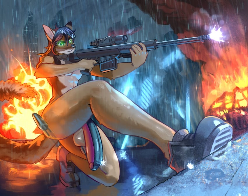 absurd_res anthro armor balls boots bulletproof canid canine canis clothed clothing explosion fire futuristic_city genitals gun gun_fire hi_res jackal male male_only mammal nolansnsfw nude partially_clothed public raining ranged_weapon rifle science_fiction shooting sniper_rifle solo thong thong_only topless unconvincing_armor underwear underwear_only weapon