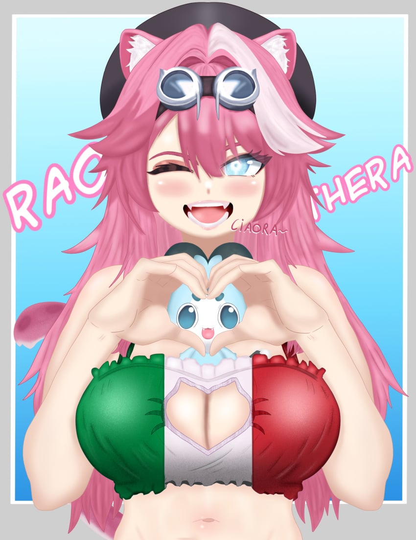 1girls animal_ear_fluff animal_ears animal_tail bare_shoulders belly_button blue_background blue_eyes blue_fur blush bonnet cat_keyhole_bra cat_keyhole_lingerie cat_lingerie chattino_(raora_panthera) cleavage cleavage_cutout cleavage_window eddarxart fan_mascot_(vtuber) fangs fangs_out glowing_eyes goggles goggles_on_head gradient_background hair_intakes heart_hands hololive hololive_english hololive_english_-justice- italian italian_female italian_flag italian_text keyhole keyhole_bra large_breasts long_hair looking_at_viewer mascot multicolored_hair oerba_yun_fang one_eye_closed open_mouth panther panther_ears panther_girl panther_tail pantherine_humanoid pink_hair raora_panthera streaked_hair streamer tail two-tone_hair virtual_youtuber vtuber vtuberfanart white_hair wink winking_at_viewer