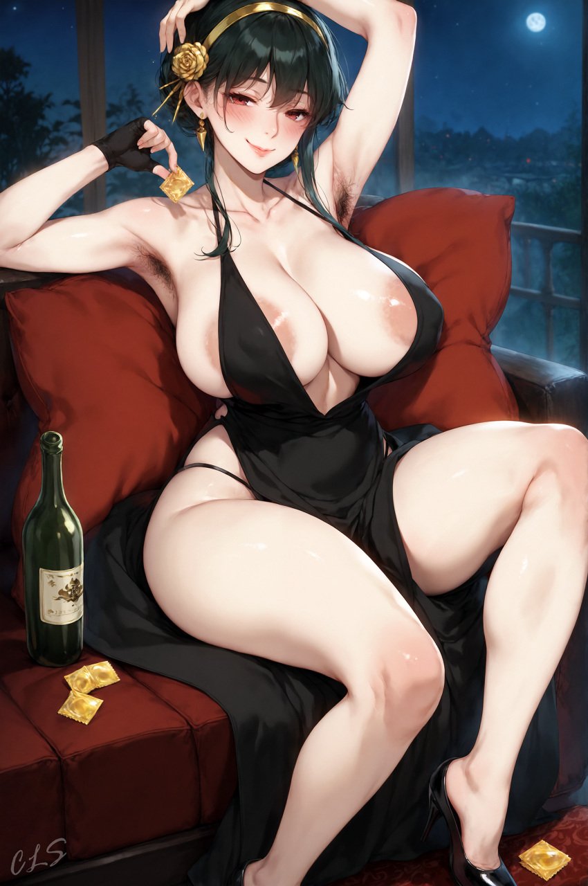 1girls ai_generated areolae areolae_slip armpit_hair bare_shoulders black_dress black_gloves black_hair blush bottle breasts cleavage cls condom condom_wrapper couch covered_nipples dress earrings fingerless_gloves gloves gold_hairband holding_condom large_areolae large_breasts looking_at_viewer red_eyes sitting smile solo spy_x_family thighs thong underwear yor_briar