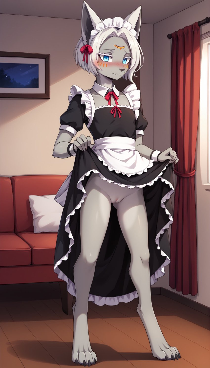 1girls 2924 ai_generated anthro blue_eyes bottomless bottomless_female cyan_eyes digitigrade dress dress_lift embarrassed female female_only flat_chest grey_body hi_res indoors innie_pussy living_room looking_at_viewer maid maid_headdress maid_uniform mineru nintendo pussy short_hair showing_pussy the_legend_of_zelda the_legend_of_zelda:_tears_of_the_kingdom white_hair zonai