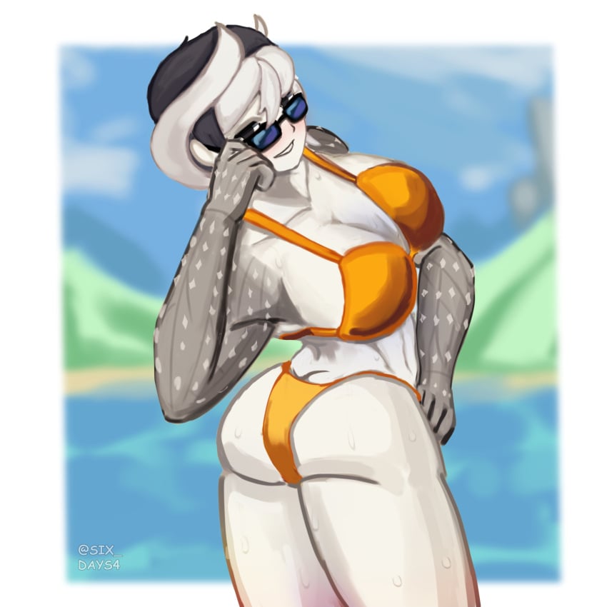 alternate_costume ass big_breasts bikini black_and_white_hair body_markings cleavage female female_only looking_at_viewer looking_back made_in_abyss orange_bikini ozen pale-skinned_female pale_skin short_hair six_days4 solo sunglasses swimsuit two_tone_hair white_body white_skin