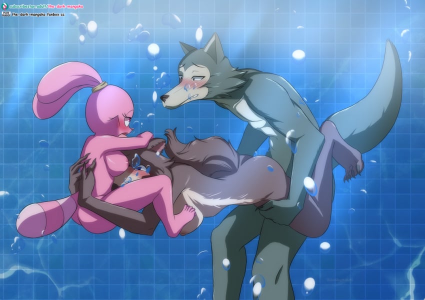 beastars canid canine canis cartoon_network chowder_(series) crossover eastern_and_western_character english_text female female/female group group_sex juno_(beastars) lagomorph legoshi_(beastars) leporid male male/female mammal panini_(chowder) rabbit sex spread_legs spreading text the_dark_mangaka threesome trio underwater underwater_sex water wolf