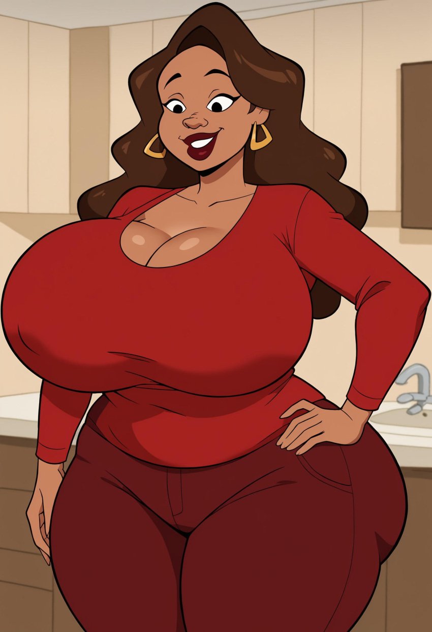 ai_generated big_breasts big_butt brown_skin curvy_figure dark-skinned_female deviantart disney homelander8888 kitchen older_female red_dress sunset_boulevardez the_proud_family