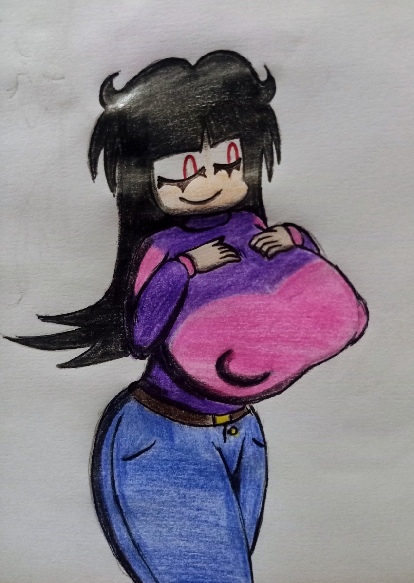 1girls belt big_breasts black_hair breasts female female_only hands_on_breasts hips jeans krala_ulti long_black_hair long_hair needlemouse_(series) nipple_bulge red_sclera sarah_henderson_(needlemouse) shirt smile smiling