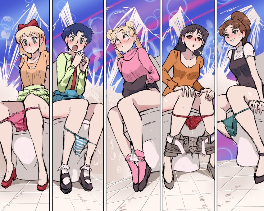 5girls ami_mizuno biku bishoujo_senshi_sailor_moon black_hair blonde_hair blue_hair blush bow brown_hair clothing female female_only hairbow makoto_kino minako_aino multiple_girls panties panties_down peeing rei_hino shorts sitting skirt tagme toilet usagi_tsukino