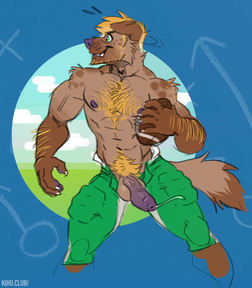 abs aiden_(disambiguation) anthro biceps canine clothed clothing fur green_eyes hair kihu male male_only mammal muscular muscular_male nipples open_pants pants pecs penis simple_background smile solo standing topless uncut vein