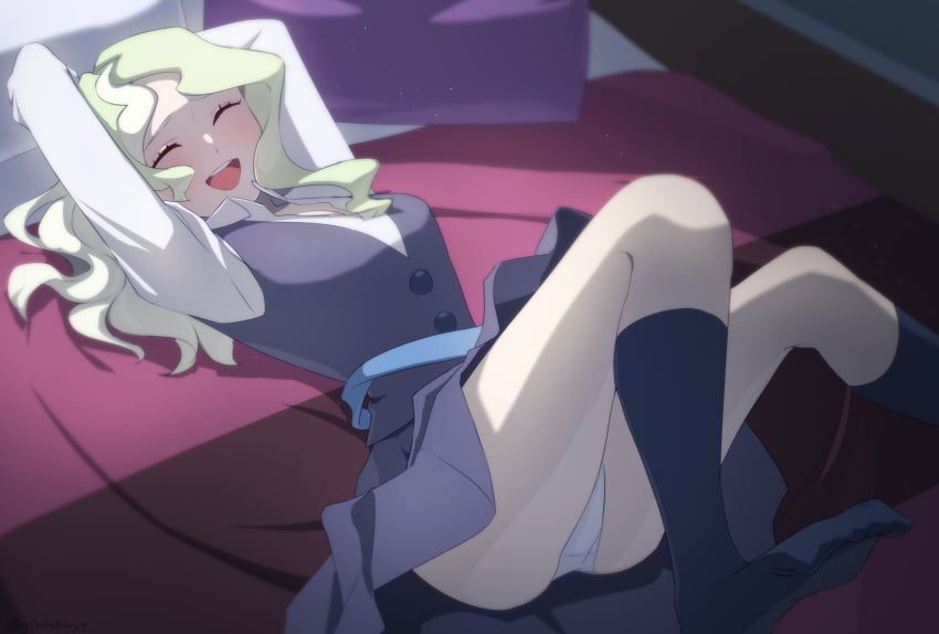 :d arikindows10 arms_up bed black_socks blonde_hair bound bound_wrists breasts cleavage closed_eyes commentary commentary_request commission crotch_seam diana_cavendish dress female foot_out_of_frame highres little_witch_academia long_hair luna_nova_school_uniform lying medium_breasts no_shoes on_back on_bed open_mouth panties pants pantyshot pillow pinafore_dress school_uniform sleeveless_dress smile socks solo teeth thighs underwear upper_teeth_only wavy_hair white_pants