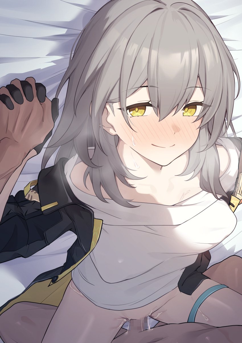 1boy :d absurdres black_gloves black_jacket blush breasts censored female gloves grey_hair hair_between_eyes heart heart-shaped_pupils highres holding_hands honkai:_star_rail honkai_(series) interlocked_fingers jacket long_hair long_sleeves looking_at_viewer lying missionary mosaic_censoring no_panties on_back open_clothes open_jacket open_mouth penis sex shirotategosha shirt smile stelle_(honkai:_star_rail) straight symbol-shaped_pupils tongue trailblazer_(honkai:_star_rail) white_shirt yellow_eyes