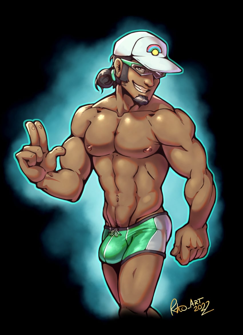 1boy abs bara biceps big_bulge bulge clothing kukui_(pokemon) male male_nipples male_only muscular_male nintendo nipples pecs pokemon rho_art