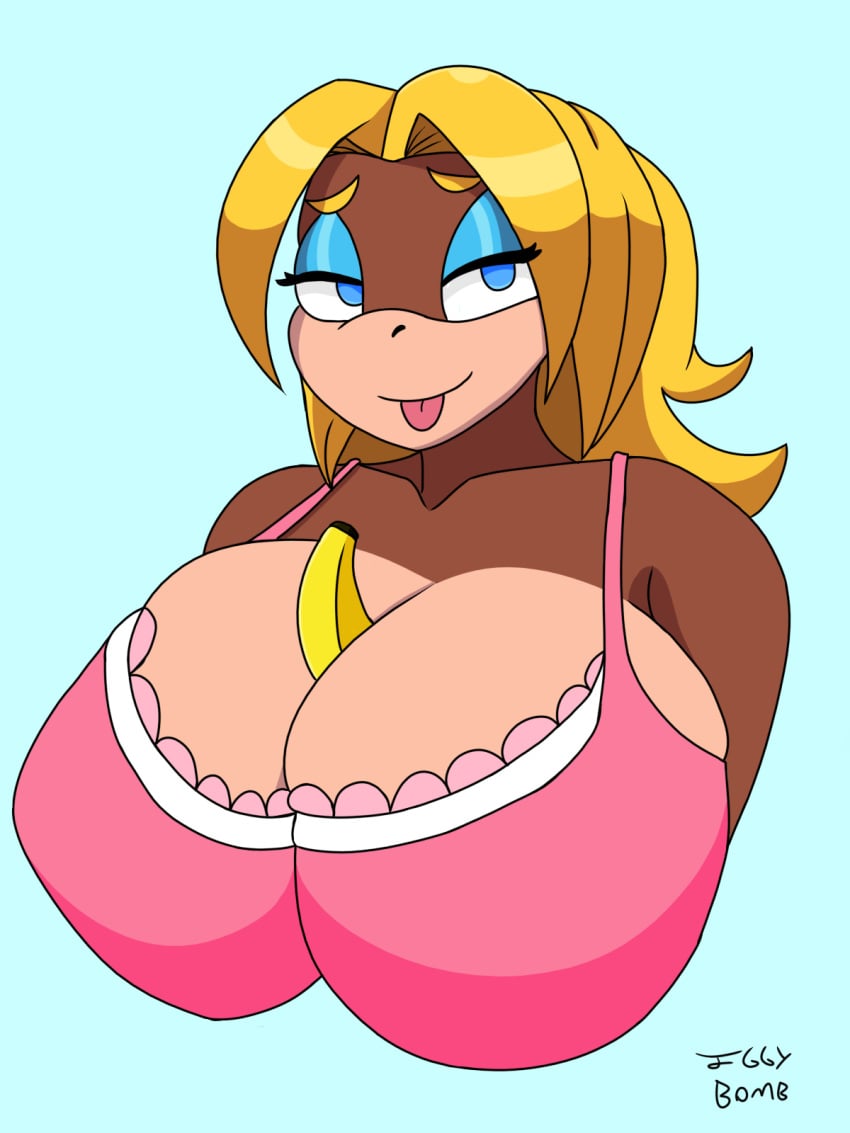 alternate_breast_size anthro banana blonde_hair blue_eyes bra breasts candy_kong cleavage donkey_kong_(series) female gorilla huge_breasts iggy-bomb looking_at_viewer nintendo rareware tongue tongue_out