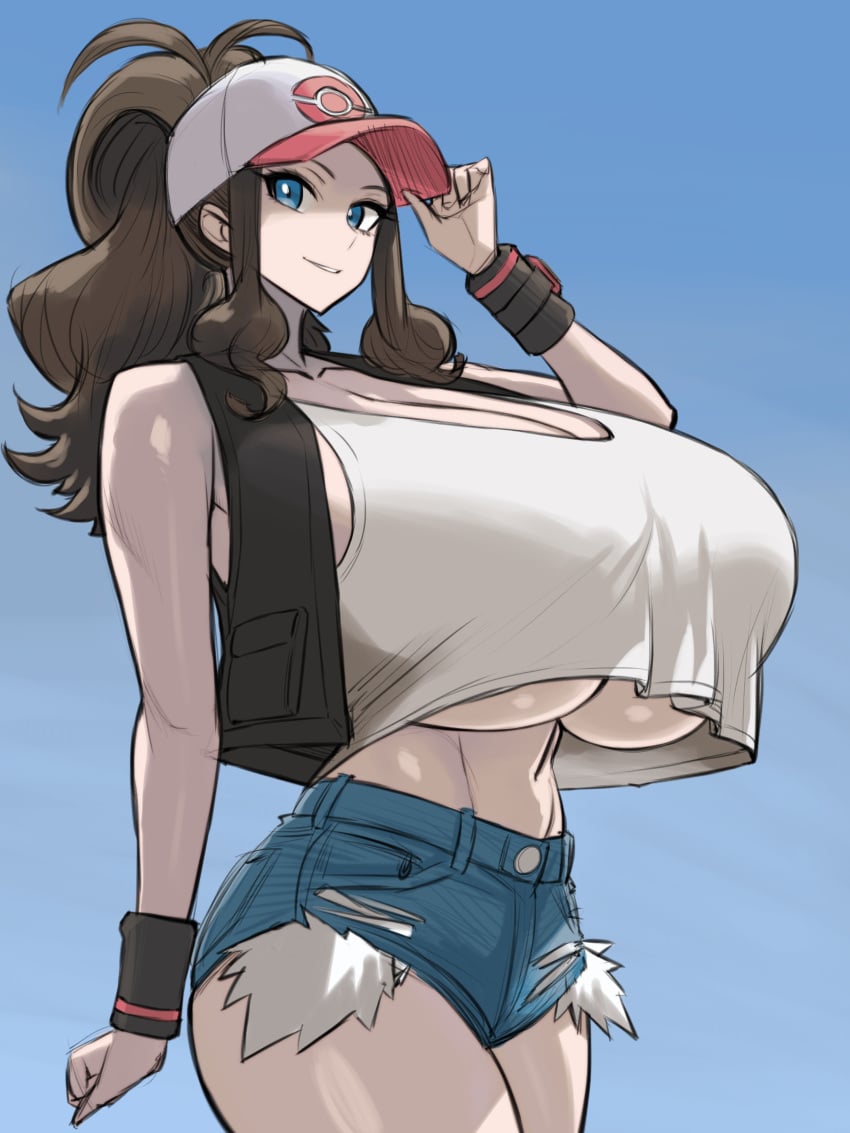 1girl absurdres alternate_breast_size_(larger) baseball_cap black_vest blue_background blue_eyes breasts breasts_bigger_than_head bright_pupils brown_hair cleavage collarbone commentary cowboy_shot denim denim_shorts english_commentary exposed_pocket gigantic_breasts hair_through_headwear hat highres hilda_(pokemon) huge_breasts looking_at_viewer nintendo open_clothes open_vest parted_lips pokemon pokemon_black_and_white ponytail shirt shorts sidelocks simple_background sleeveless solo thighs top_heavy underboob undersized_clothes vest white_pupils white_shirt wolffeld_price wristband