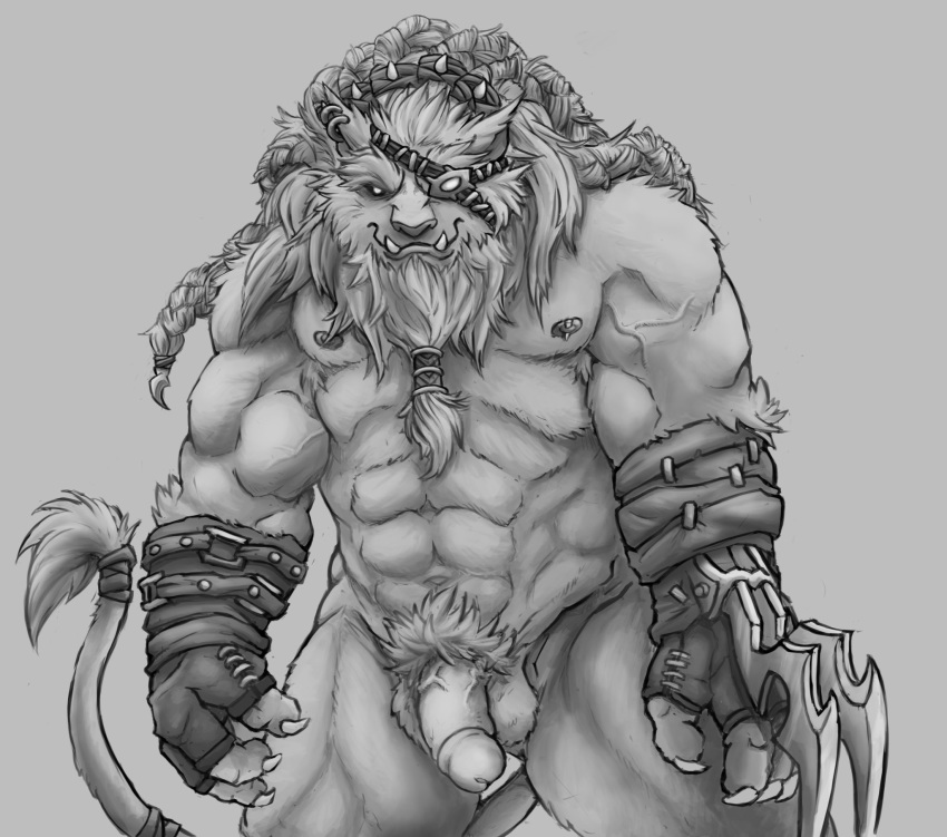 2018 abs anthro balls biceps claws eye_patch eyewear fangs feline flaccid galrock genital_piercing greyscale humanoid_penis league_of_legends lion looking_at_viewer male male_only mammal monochrome muscular nipples nude pecs penis piercing rengar riot_games simple_background solo standing vein veiny_penis video_games