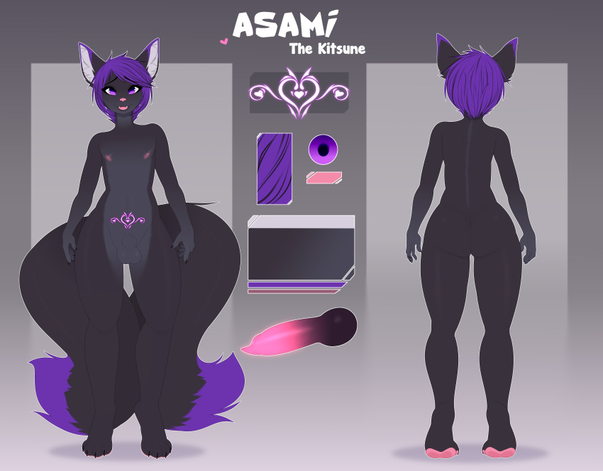 2_tails absurd_res animal_genitalia anthro ass black_body canid canine fox genitals girly hair hi_res knot male mammal model_sheet multi_tail pawpads pink_pawpads purple_eyes purple_hair sheath shudayuda solo tail tattoo