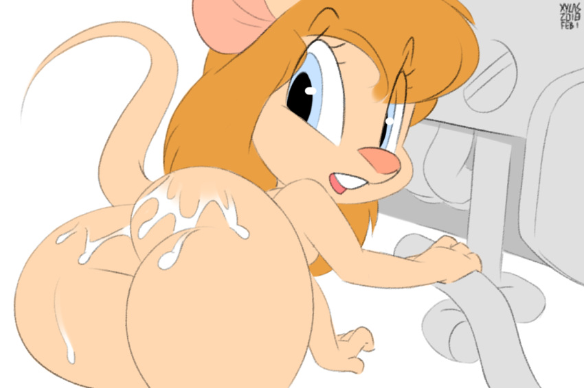 2018 4_fingers anthro ass bangs big_ass big_butt big_ears blue_eyes butt chip_'n_dale_rescue_rangers cum cum_on_ass digital_media_(artwork) disney eyelashes female gadget_hackwrench hair looking_back mammal mouse nude orange_hair plumber rear_view rodent signature simple_background solo teeth thick_thighs white_background xylas