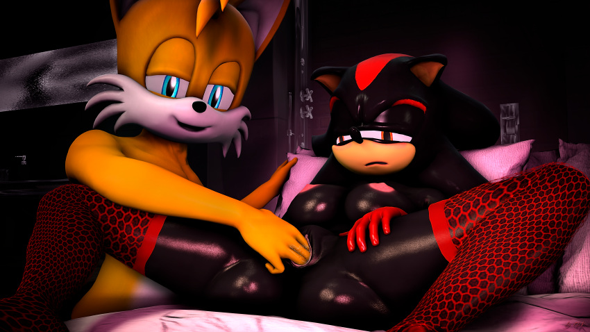 3d ass big_eyes big_head black_nose blue_eyes breasts canine chek clothed clothing duo female finger_fuck fingering footgear fox fur genderswap gloves hedgehog hi_res lying male mammal masturbation nipples open_mouth orange_eyes penetration pussy pussy_juice shadow_the_hedgehog smile sonic_(series) spread_legs spreading straight tails vaginal_penetration white_fur