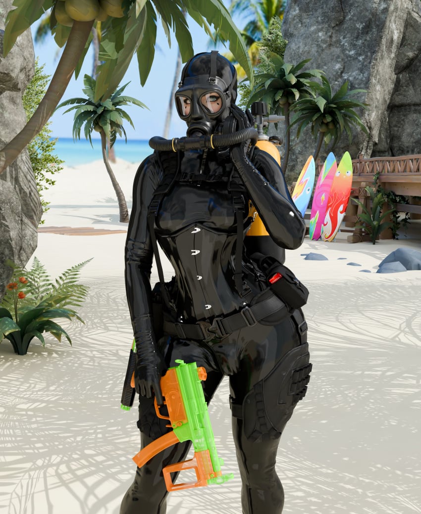3d beach blender clothed_female corset diving_mask diving_suit eyeliner female hi_res high_resolution latex latex_clothing latex_suit light_skinned_female mask original_character oxygen_tank palm_tree rubber rubber_clothing shiny_clothes skyebunny summer tactical_gear tight_clothing trans_woman water_gun wetsuit