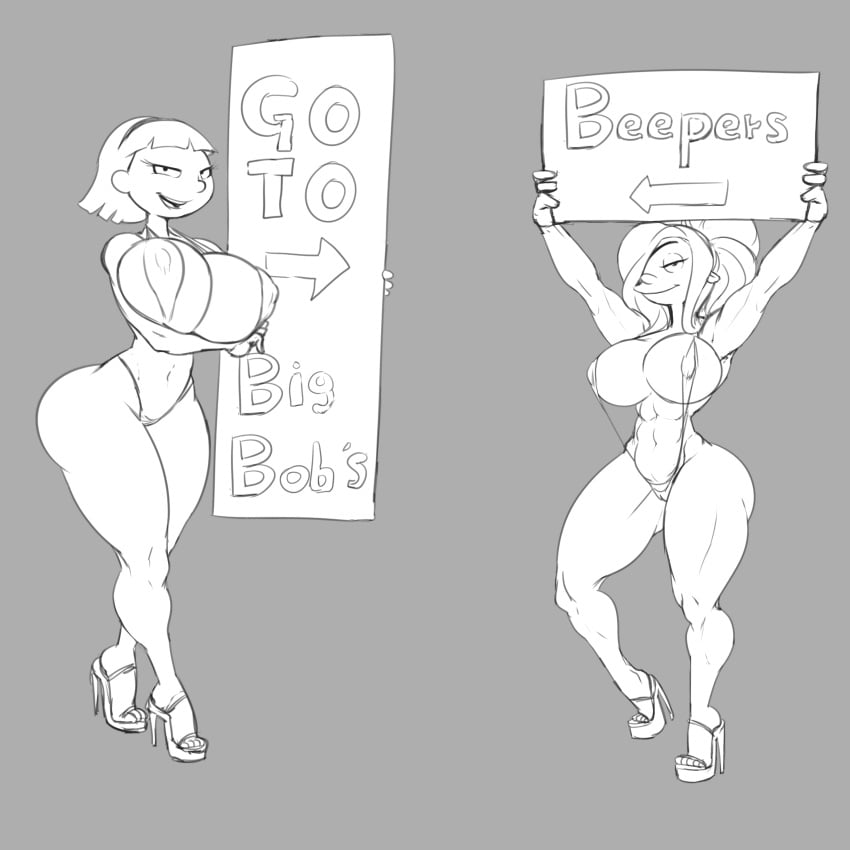 2girls ass ber00 big_ass big_breasts bikini breasts cameltoe helga_pataki hey_arnold! high_heels hourglass_figure huge_breasts large_ass monochrome muscle muscular_female nickelodeon nipple_bulge olga_pataki pokies sisters smile thick_thighs voluptuous wide_hips