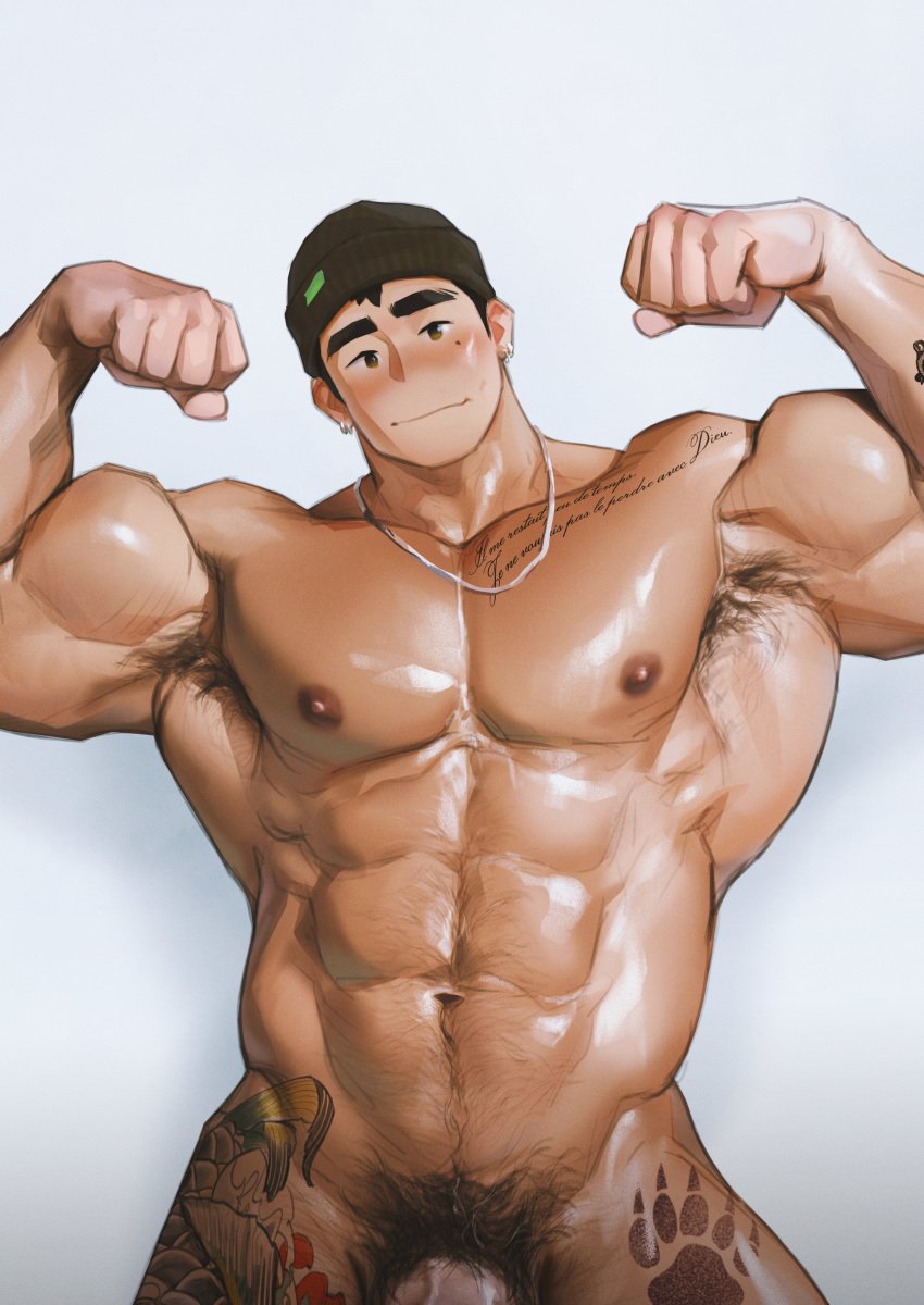 1boy abs absurdres armpit_hair armpits bara beanie black_hair black_hat blush body_hair closed_mouth double_biceps_pose earrings english_commentary flexing french_text furry furry_male hat highres hoonzino jewelry leg_tattoo looking_at_viewer male_focus male_only mole mole_on_cheek muscular muscular_male navel necklace nipples nude original pectorals penis_out_of_frame pubic_hair smile tattoo translation_request