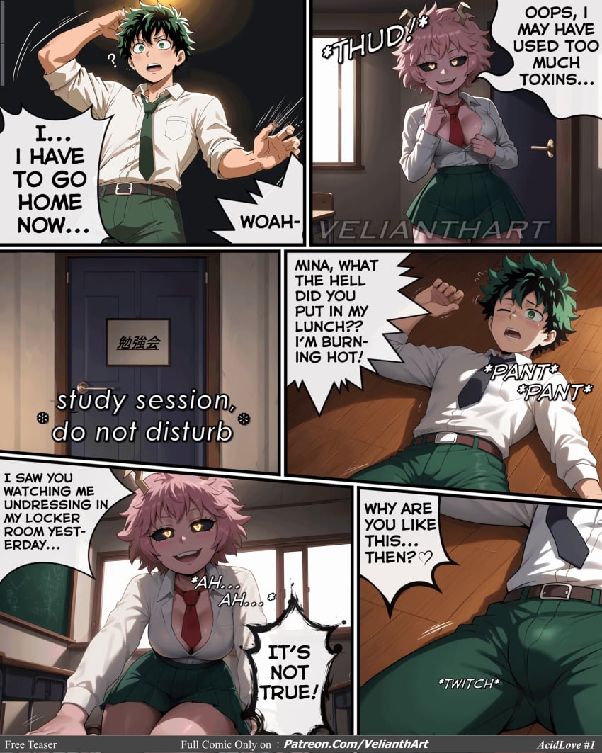 1boy ai_assisted ai_generated angry ashido_mina bed belt black_sclera blush boku_no_hero_academia breasts character_name cleavage comic english_text female green_eyes green_hair hentai horns large_breasts manga messy_hair midoriya_izuku monster_girl my_hero_academia necktie no_bra one_eye_closed open_mouth panties pants pink_hair pink_skin pleated_skirt school_uniform shirt_lift short_hair skirt speech_bubble stretch sweatdrop teeth thighhighs tongue u.a._school_uniform uncensored underwear velianthart watermark yellow_eyes