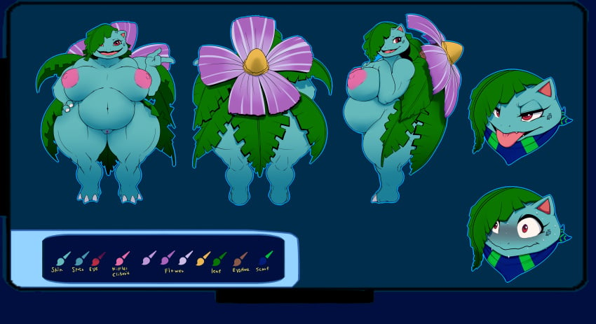 2018 3_fingers absurd_res anthro areola ber00 big_breasts breasts female hand_on_hip hi_res looking_at_viewer model_sheet nintendo nipples open_mouth overweight overweight_female pokémon_(species) pokemon pokemon_rgby pussy solo sweat thick_thighs tongue tongue_out venusaur video_games