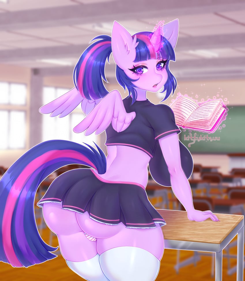 1girls alicorn anthro anthro_only artist_name ass big_ass big_butt black_eyebrows black_eyelashes blush blushing breasts clothed clothed_female eyebrows eyelashes eyes eyeshadow female female_anthro female_focus female_only friendship_is_magic high_resolution highres horn huge_boobs huge_breasts kittykitsuu large_boobs large_breasts lips looking_at_viewer looking_back mouth my_little_pony nails open_mouth panties pink_tongue pony pony_ears pony_girl pony_tail purple_eyes purple_eyes_female purple_horn purple_lips purple_nails purple_wings school_girl school_uniform schoolgirl schoolgirl_uniform short_skirt skirt solo solo_female solo_focus stockings thick_thighs thighs tongue twilight_sparkle_(mlp) white_stockings wings