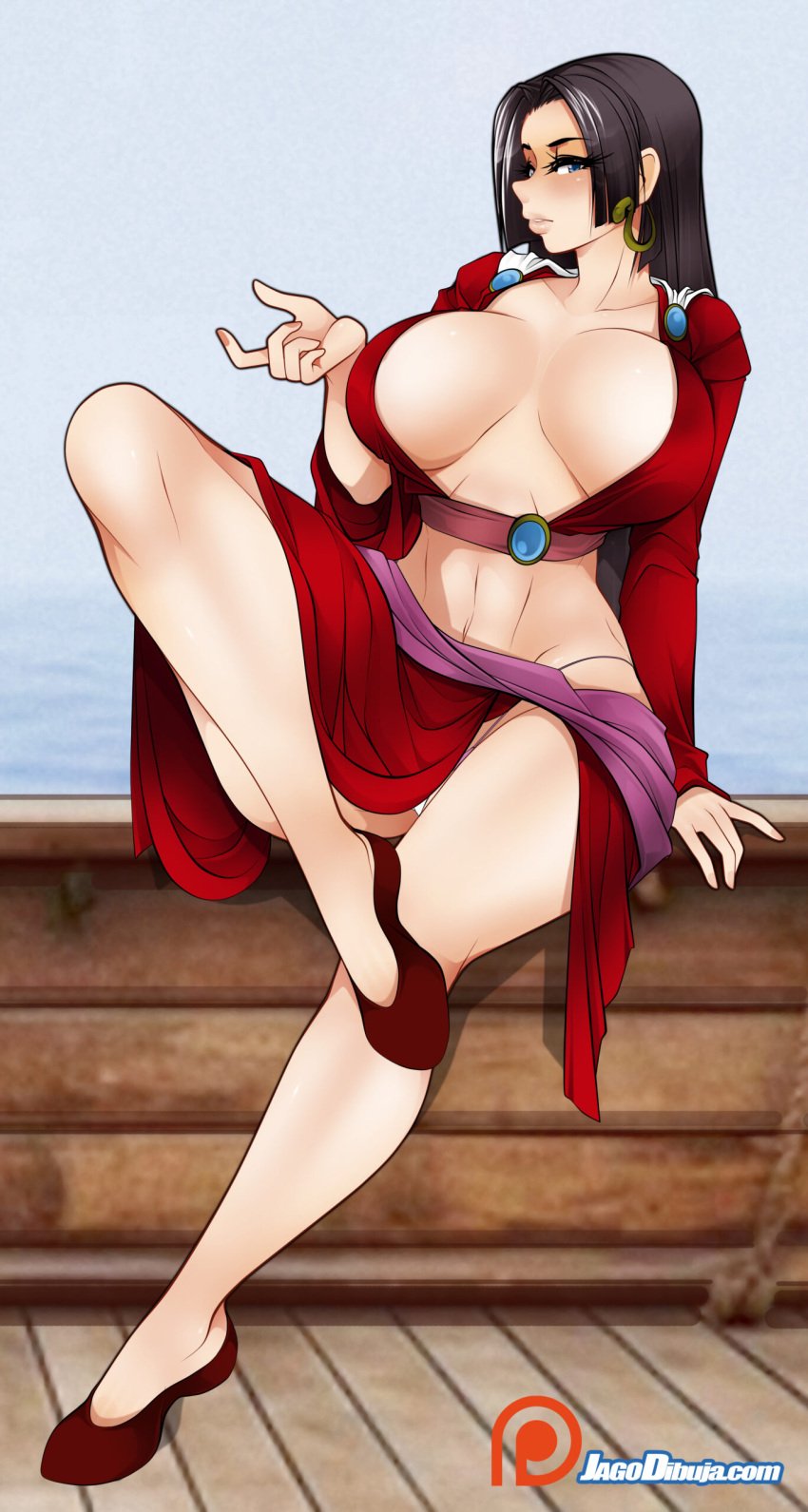 1girls black_hair blue_eyes boa_hancock clothing female female_only huge_breasts jago_dibuja long_hair looking_at_viewer one_piece pointy_nose sarong slippers thong voluptuous