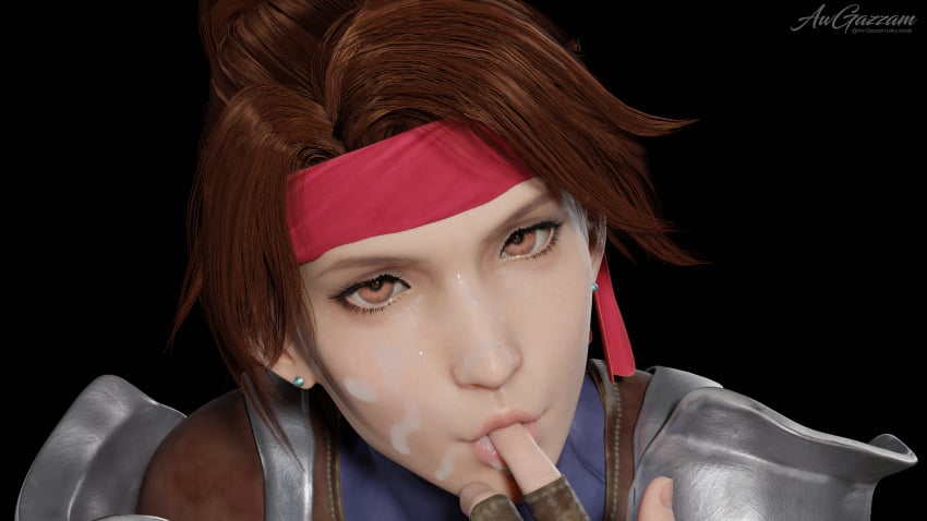 3d aw-gazzam bandana blender blender_(software) blender_cycles brown_eyes brown_hair clothed cum cum_on_face facial final_fantasy final_fantasy_vii final_fantasy_vii_remake jessie_rasberry