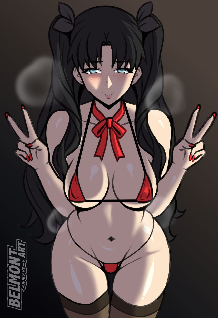 1girls belmont bikini black_hair blush breasts breath fanart fate/grand_order fate_(series) female female_only lingerie peace_sign shy sky_blue_eyes solo thick_thighs thighs tohsaka_rin