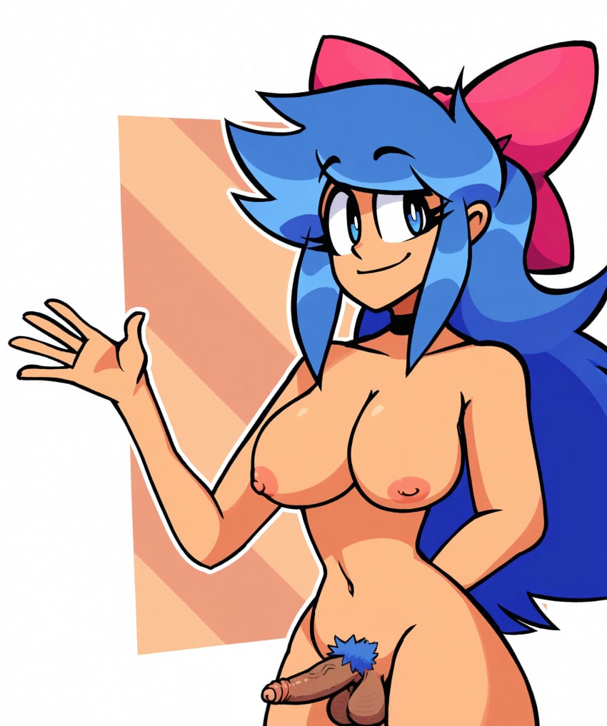 1futa ai_assisted ai_edit ai_generated alternate_version_available blue_eyes blue_hair blue_pubic_hair choker dark_blue_hair friday_night_funkin friday_night_funkin_mod futanari hairbow long_hair looking_at_viewer nude penis pink_bow pixai pubic_hair raised_eyebrows scorchvx smile solo tagme tan_skin uncircumcised yoshubs