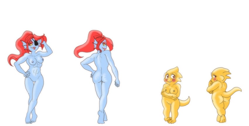 2017 abs alphys anthro areola ass athletic blush boss_monster breasts duo eyewear female fish glasses lizard marine missebony muscular nipples nude reptile scalie short simple_background smile tall undertale undyne video_games