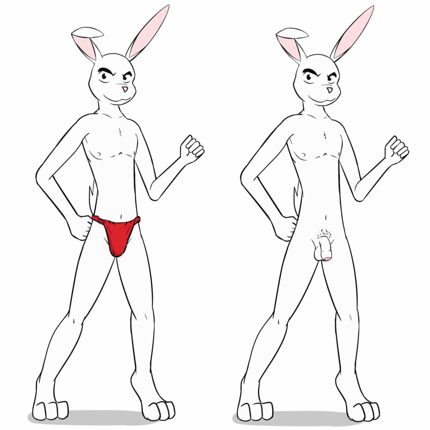 clothed clothing flaccid foreskin front_view fundoshi fuze japanese_clothing lagomorph male male_only mammal nude penis pubes rabbit raised_tail red_clothing red_underwear short_tail skimpy super_turbo_atomic_ninja_rabbit topless uncut underwear