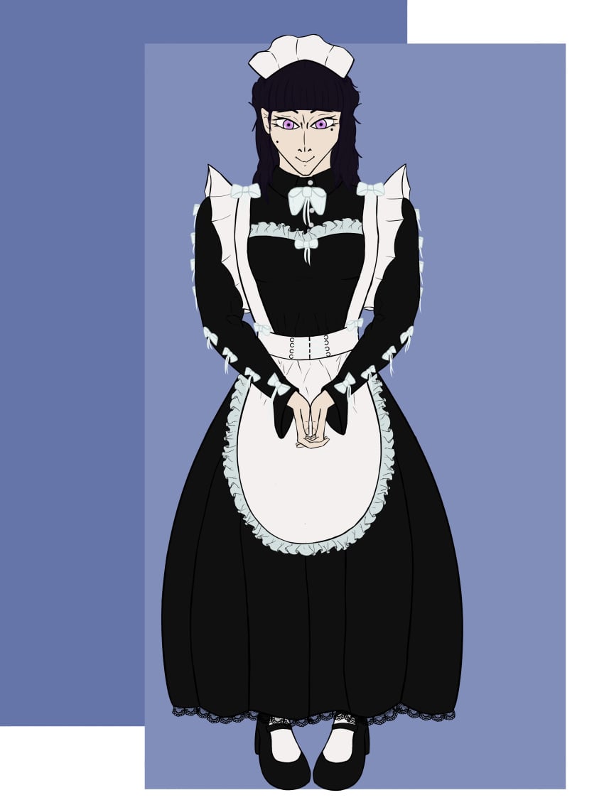 black_dress bow_ribbon clothing fully_clothed hang_(eden) maid maid_dress mole mole_under_eye oc original original_character pale_skin pink_eyes purple_hair reference_image white_stockings