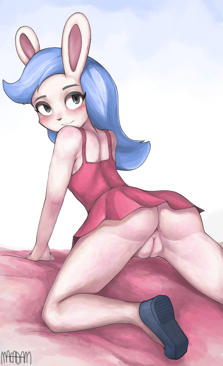 2018 absurd_res all_fours anthro ass blue_hair blush bottomless breasts clothed clothing digital_media_(artwork) dress ex_(welcome_to_doozy) eyelashes female fur grey_eyes hair hi_res innie_pussy lagomorph long_hair looking_at_viewer looking_back macadam makeup mammal pose presenting presenting_hindquarters presenting_pussy pussy rabbit rear_view solo spread_legs spreading upskirt welcome_to_doozy white_fur